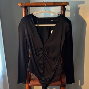 Zara  Black Silky Deep V-Neck Bodysuit